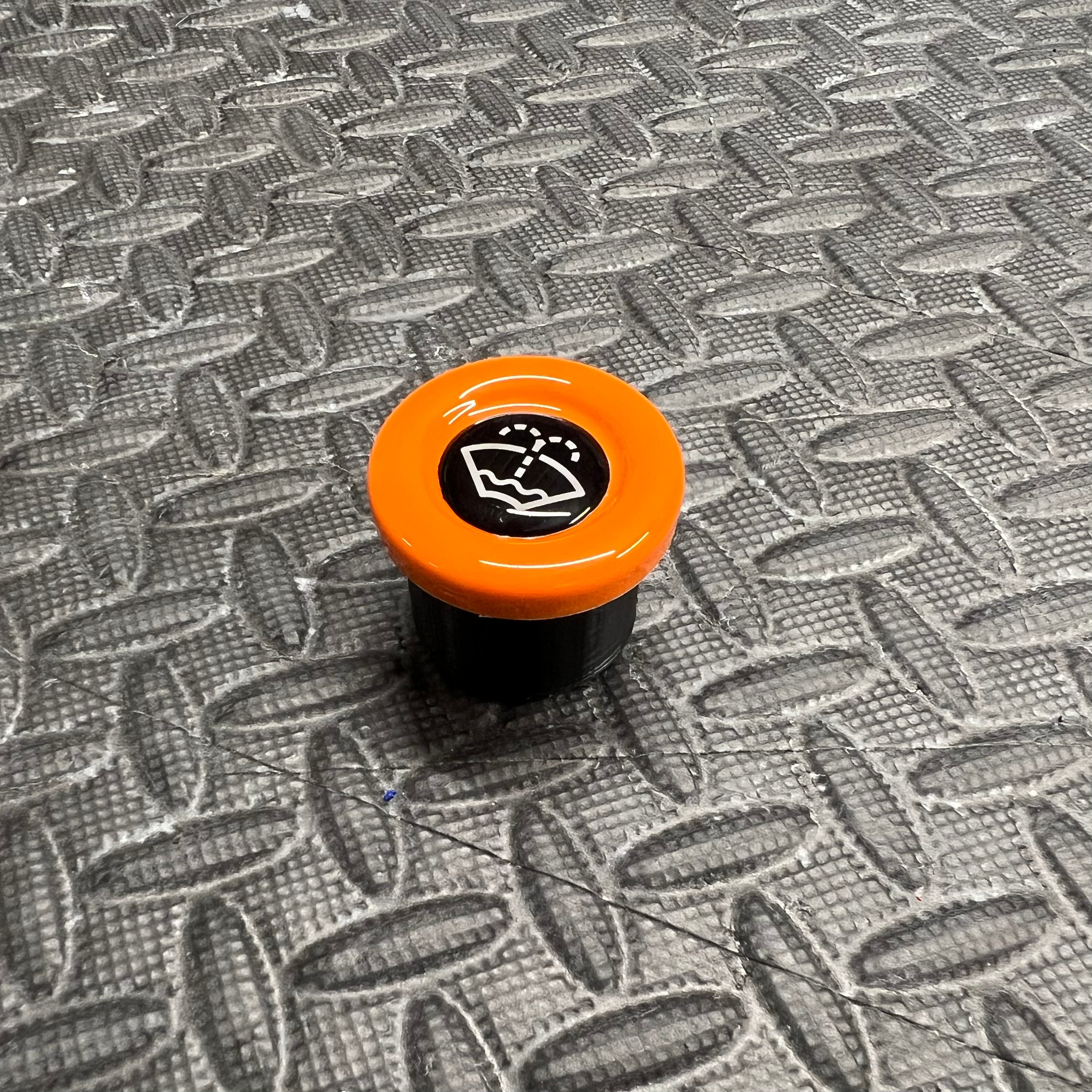 Washer Bottle Bung, Fits Multiple Ford Models - Gloss Ornage Plastic With White Screenwash Logo Detailing