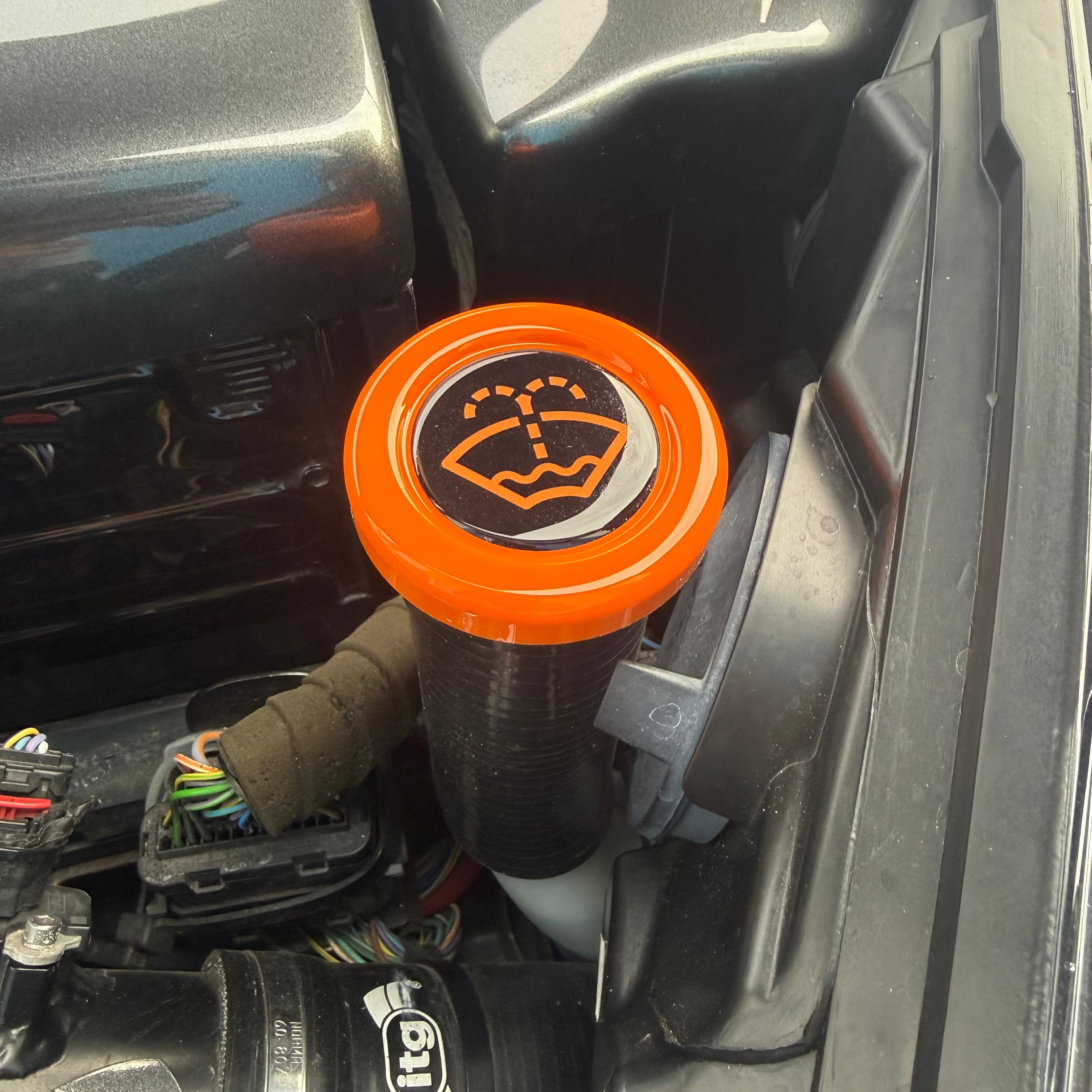Proform Washer Bottle Bung - Multiple Ford Models - Gloss Orange Plastic With Orange Screenwash Logo Detailing