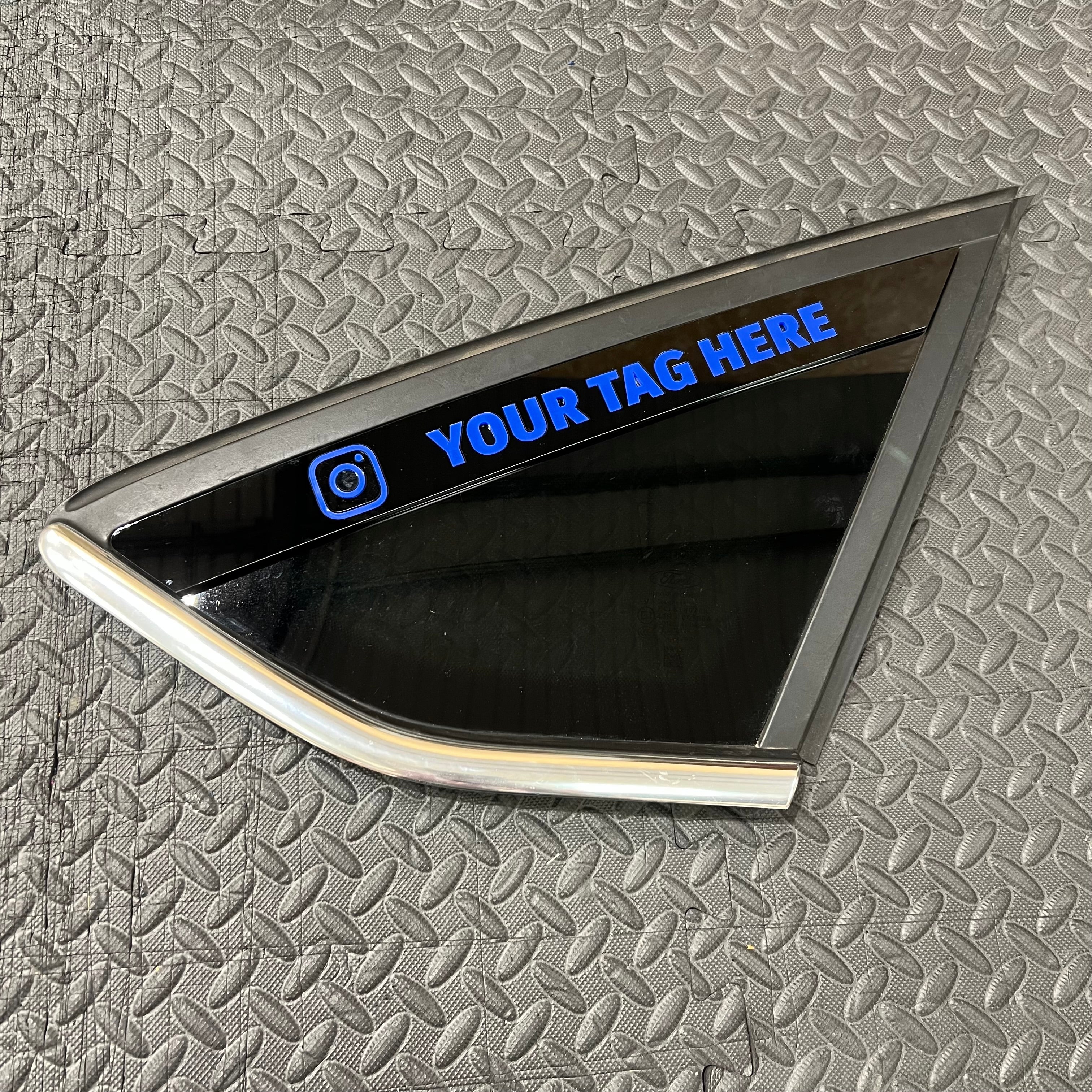 Proform 3D Acrylic Rear Quarter Window Art Banner With Top Alignment - Mk3/3.5 Focus - Gloss Black Surround With Medium Blue Text Detail With Instagram Logo