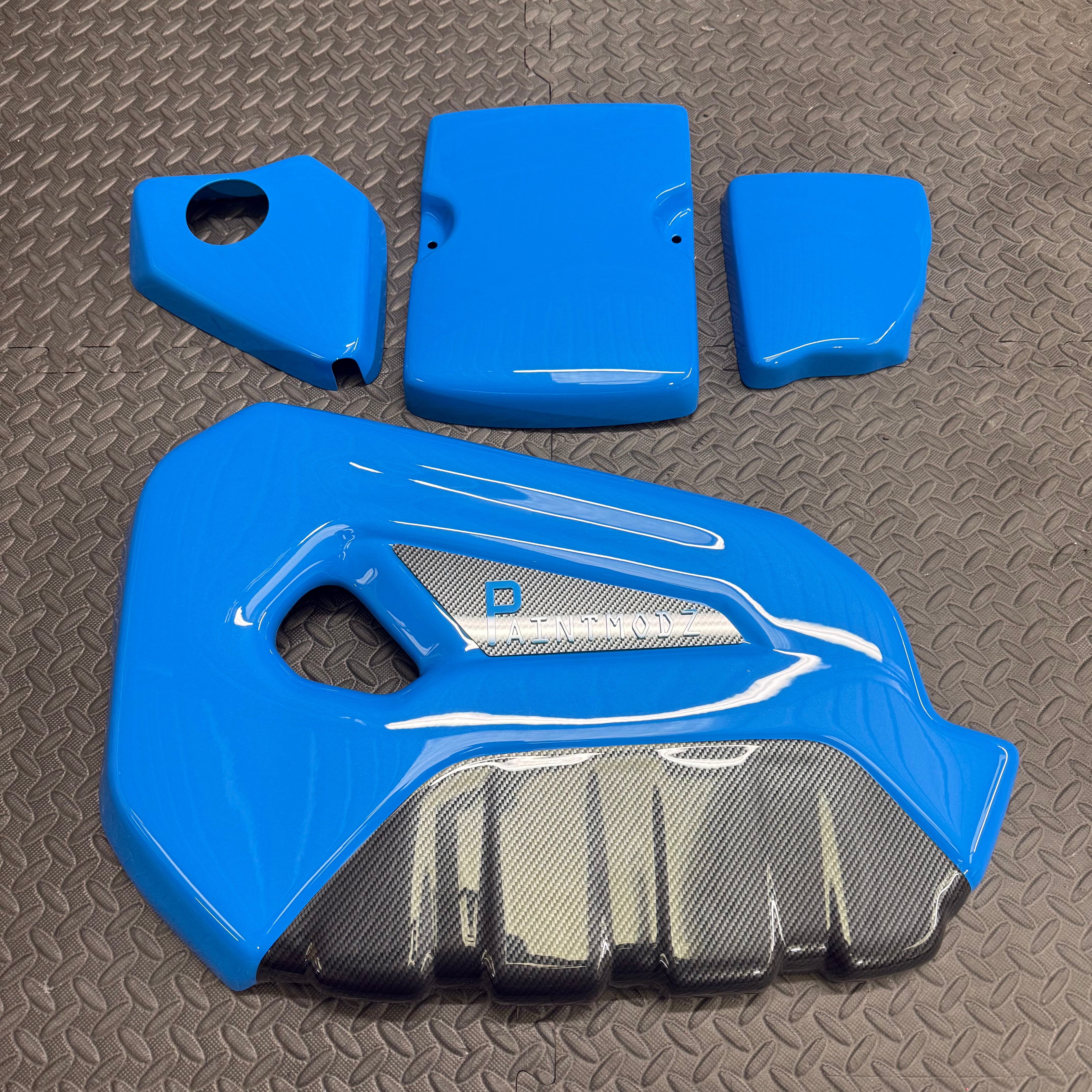 Proform Small Engine Bay Dress Up Kit Bundle - Fiesta Mk7.5 ST180 / ST200 - Painted Nitrous Blue With Carbon Fibre Effect Accents and Light Blue/Deluxe Carbon Badge