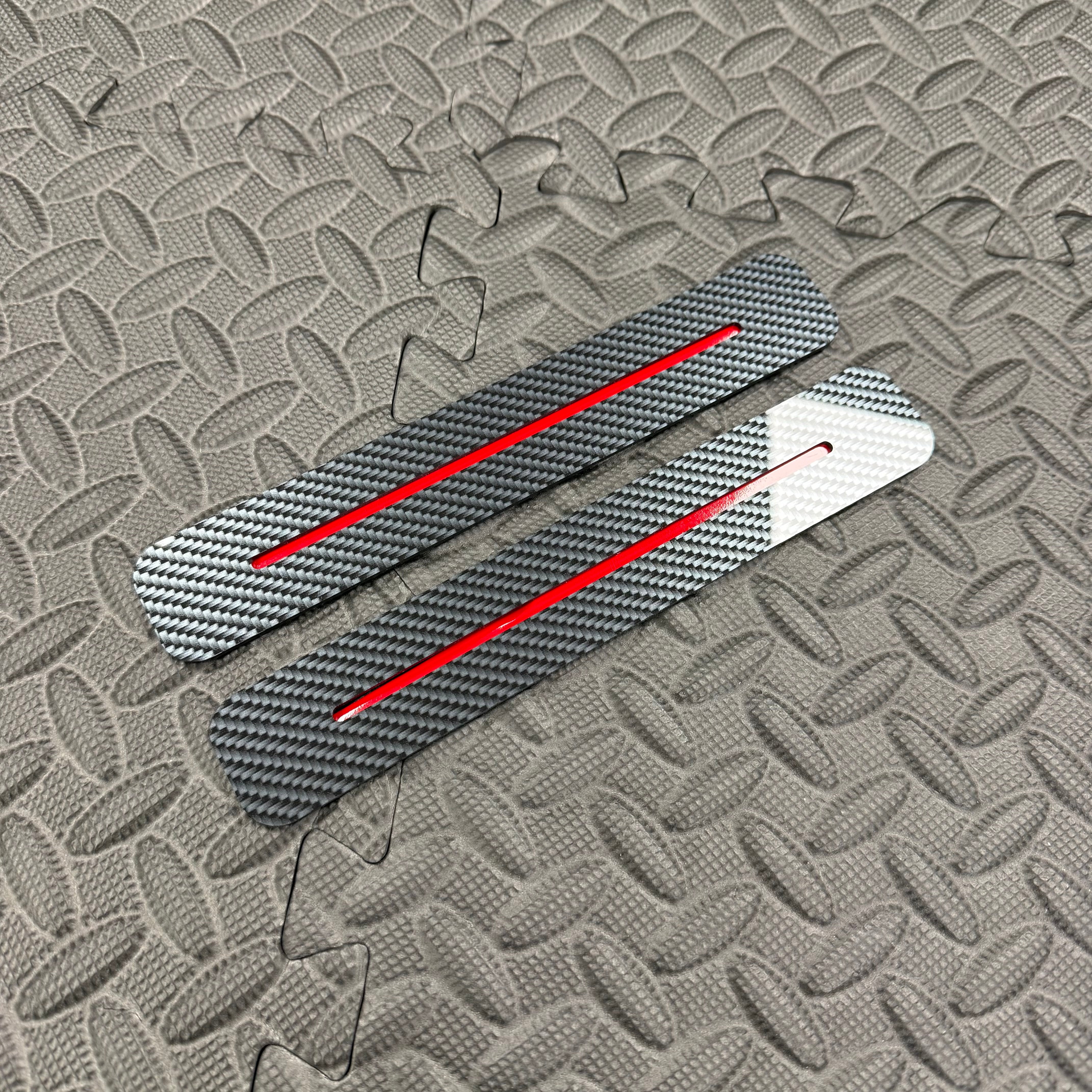 Proform Door Sill Strip Plates- Fits Hyundai i20 - For Rear Doors - Deluxe Carbon Fibre Effect Plastic With Additional Red Vinyl Backing