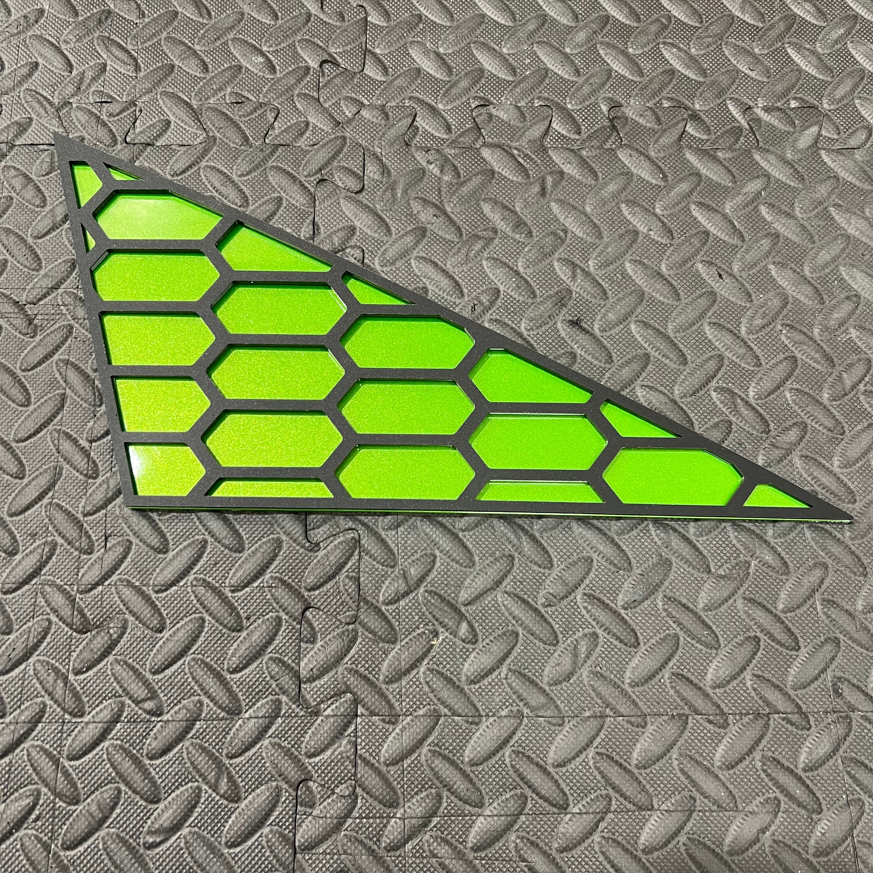 Mk8/8.5 Fiesta Front Quarter Window Inserts (Right Hand Side) - Satin Black Hexagon Design With Painted Mean Green Backing Plate