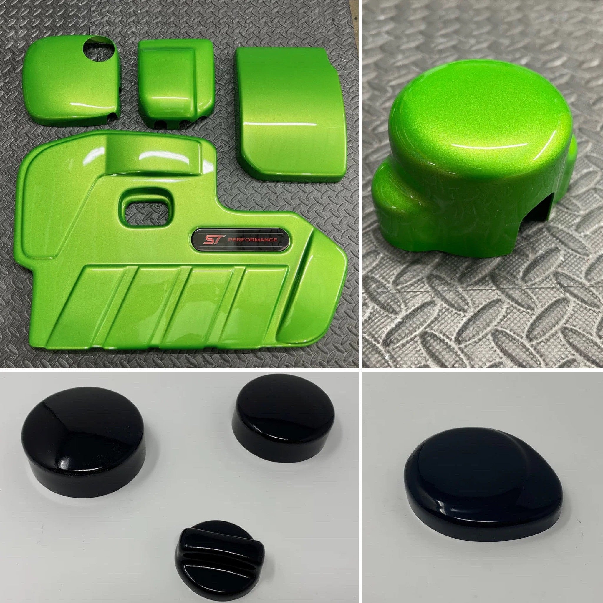 Images showing various black and green car engine bay cover parts designed for a Mk4/4.5 Focus ST, including engine cover, gel badge, battery cover, and more.