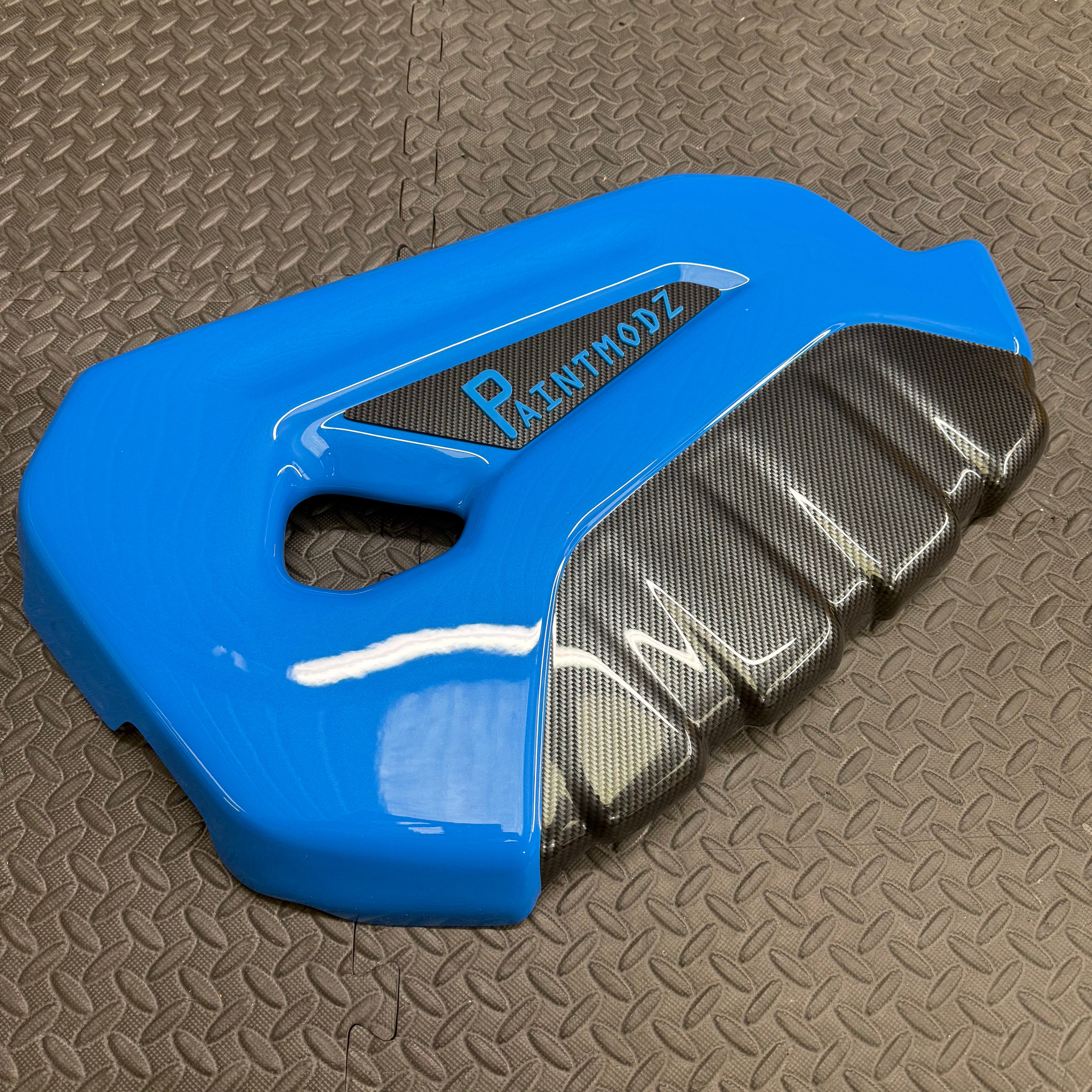 Proform Engine Cover - Fiesta Mk7.5 ST180 / ST200 - Painted Nitrous Blue With Deluxe Carbon Fibre Front - Light Blue/Deluxe Carbon Fibre Badge Plate