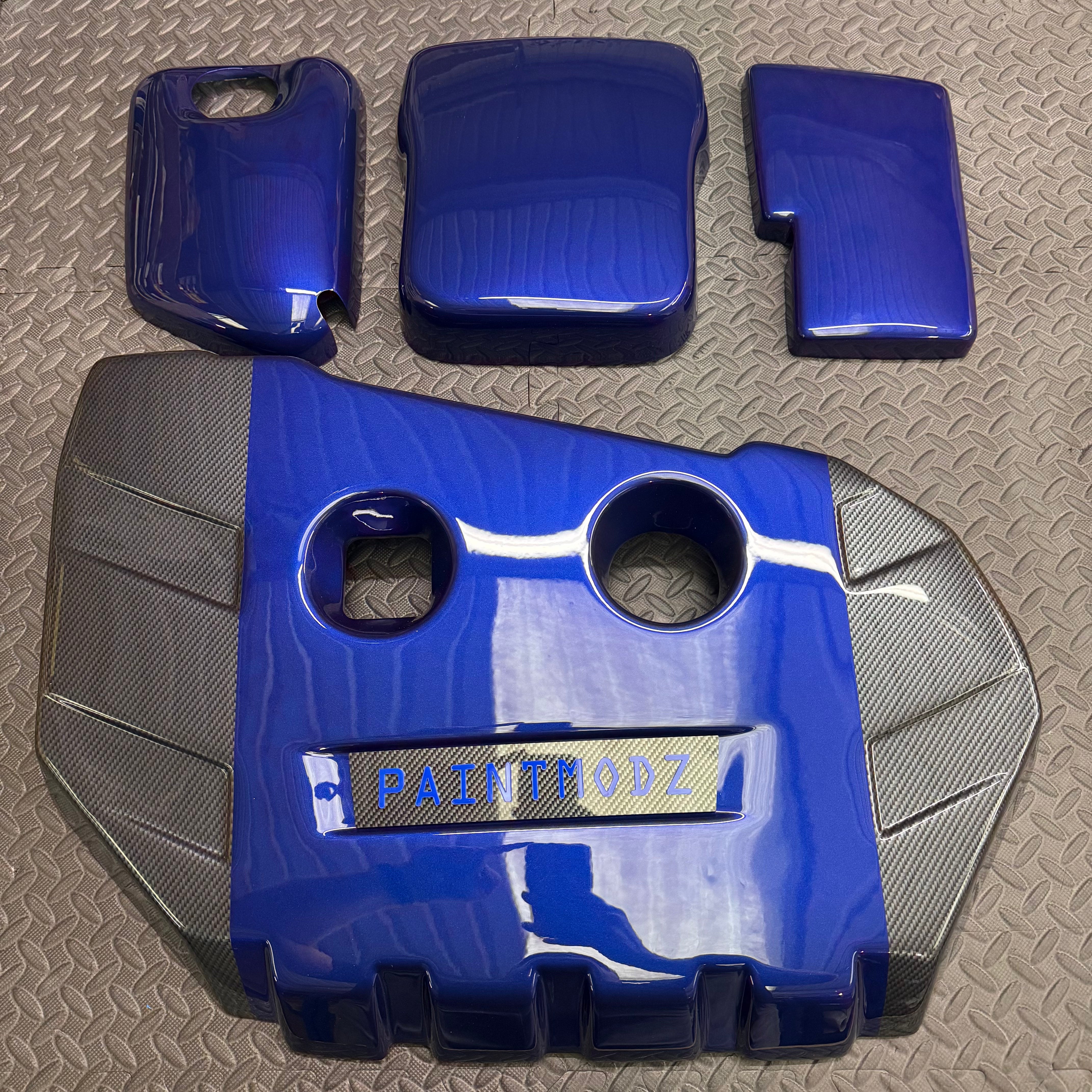Proform Small Engine Bay Dress Up Bundle - Mk3/3.5 Focus ST Petrol - Painted Spirit Blue With Carbon Fibre Effect Detailing and Carbon Fibre Effect/Medium Blue Badge