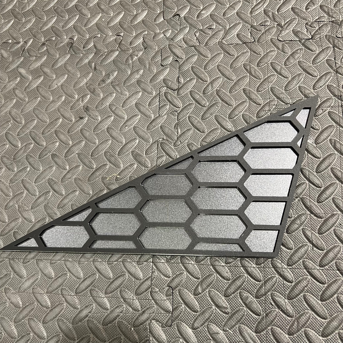 Mk8/8.5 Fiesta Front Quarter Window Inserts (Left Hand Side) - Satin Black Hexagon Design With Painted Magnetic Grey Backing Plate