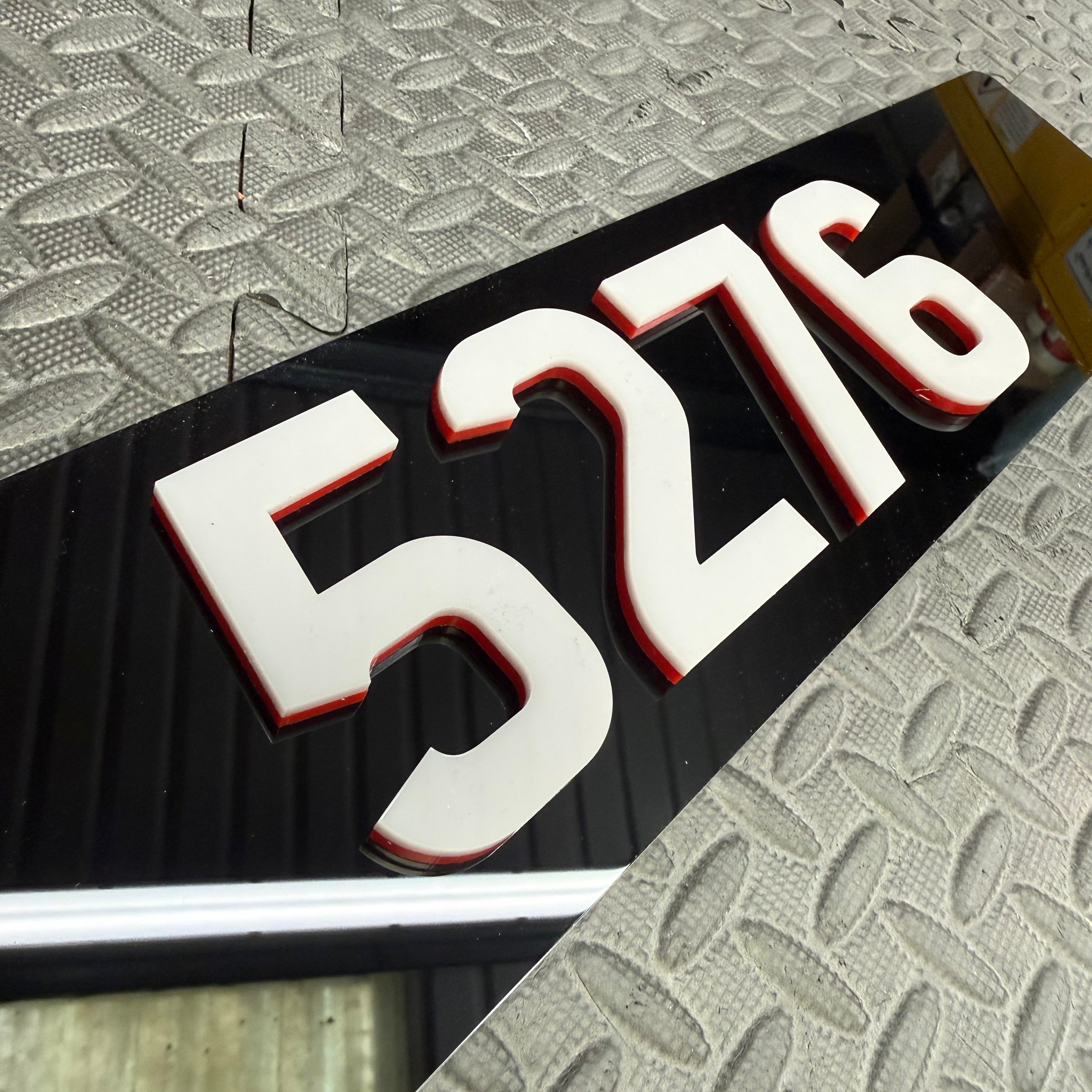 Vehicle Show Plates - Custom Designs - Gloss Black Back Plate With UK Number Plate Style Digits in Red And Light Grey 