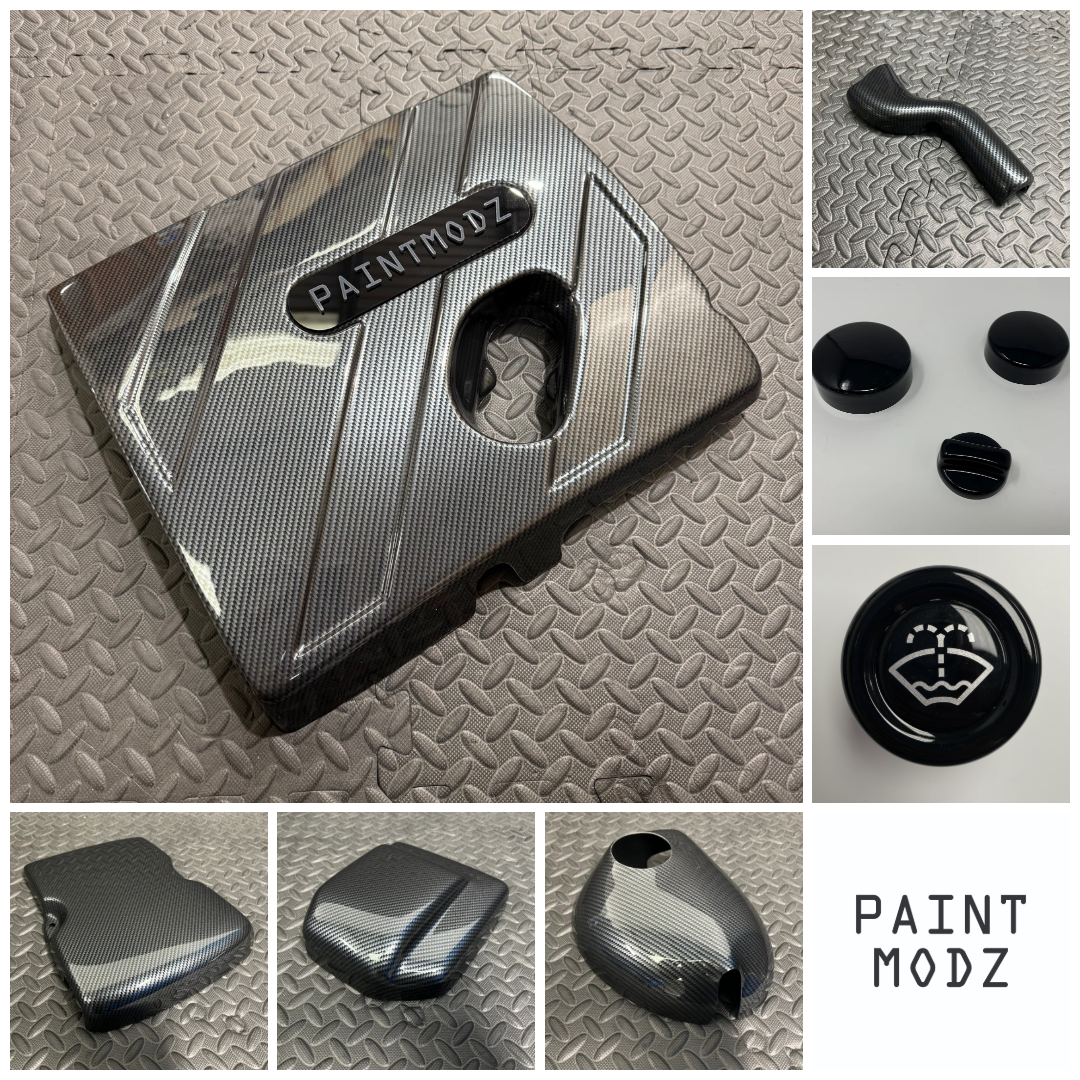 Proform Medium Engine Bay Dress Up Bundle - Mk8/8.5 Fiesta ST & Mk2 Puma ST - Deluxe Carbon Fibre Effect Plastic, Gloss Black Accent and Dark Grey/Gloss Black Badge Plate